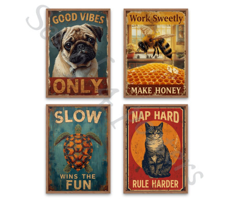 סט 4 פוסטרים בסגנון רטרו וינטג’ – השראה עם חיוך לכל קיר!