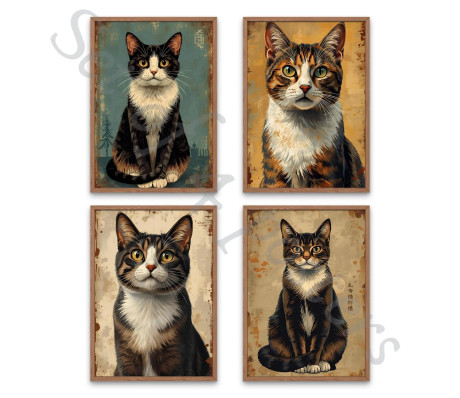 חתולים סט 4 פוסטרים מודפסים סגנון רטרו וינטג'