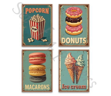 סט 4 פוסטרים - קינוחים מתוקים סגנון רטרו