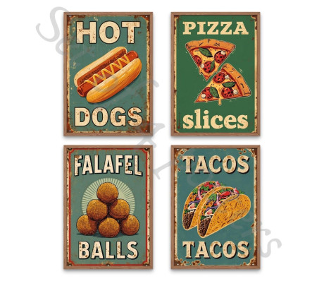 סט 4 פוסטרים - אוכל רחוב פיצה, נקניקייה בלחמנייה, טאקו, פלאפל סגנון רטרו וינטג'