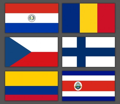 סט 6 מגנטים דגלים קולומביה, קוסטה ריקה, פינלנד, פרגוואי, רומניה, צ'כיה