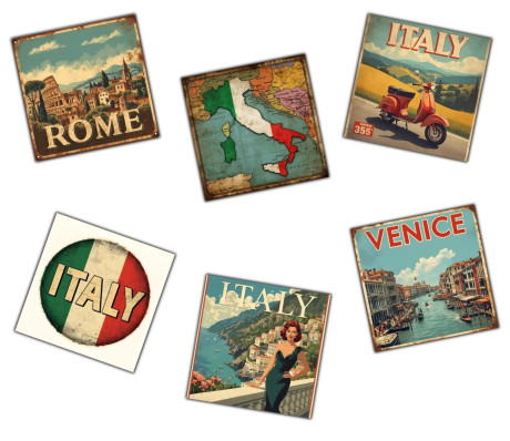 איטליה - סט 6 מגנטים קשיחים עם למינציה סגנון רטרו וינטג' 