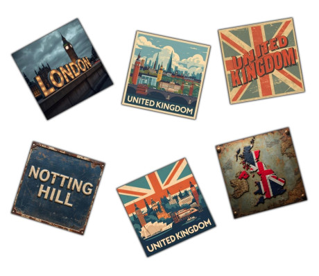 בריטניה - סט 6 מגנטים קשיחים עם למינציה סגנון רטרו וינטג' 