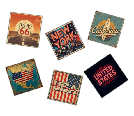 ארצות הברית - סט 6 מגנטים קשיחים עם למינציה סגנון רטרו וינטג' 