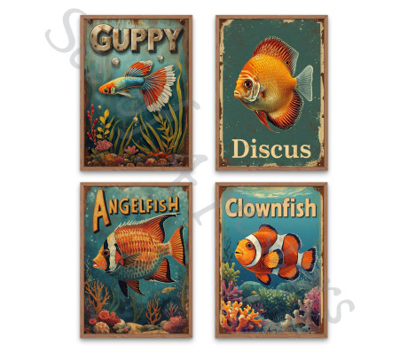 דגי נוי סט 4 פוסטרים מודפסים סגנון רטרו 