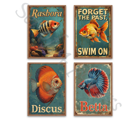 דגי נוי סט 4 פוסטרים מודפסים סגנון רטרו נוסטלגי 