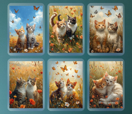 מארז 6 מגנטים קשיחים עם למינציה חתולים עם פרחים ופרפרים – עדין, צבעוני ומלא חיים