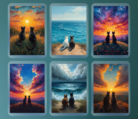  מארז 6 מגנטים קשיחים עם למינציה - חתולים רגעי קסם מול הים והשקיעה