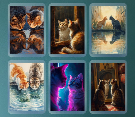 מארז 6 מגנטים קשיחים עם למינציה - חתולים רגעי סקרנות מול מראה או מים