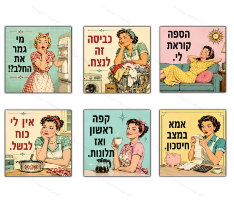 מארז 6 מגנטים מצחיקים למטבח – קפה, כביסה, עצבים ועוד...