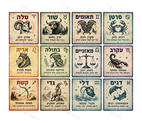 מארז סט 12 מגנטים מזלות - עם משפטי העצמה
