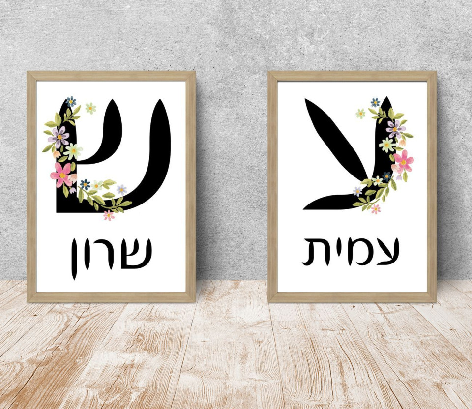 תמונת קיר עם שם אישי בעברית לחדרי ילדים ונוער דגם פרחים